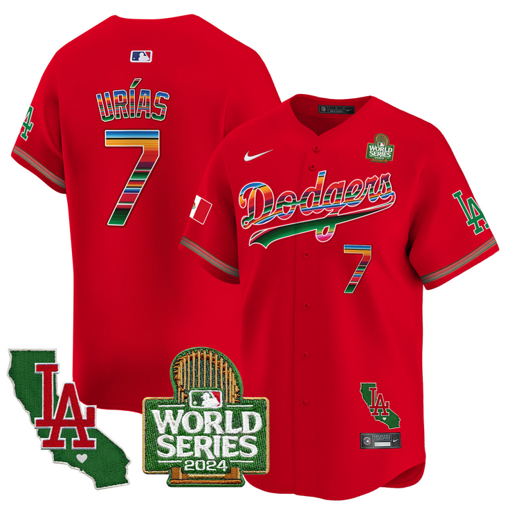 Men MLB Mexico Los Angeles Dodgers 7 Urias red 2024 World Series Champions Patch Jersey 2024110
